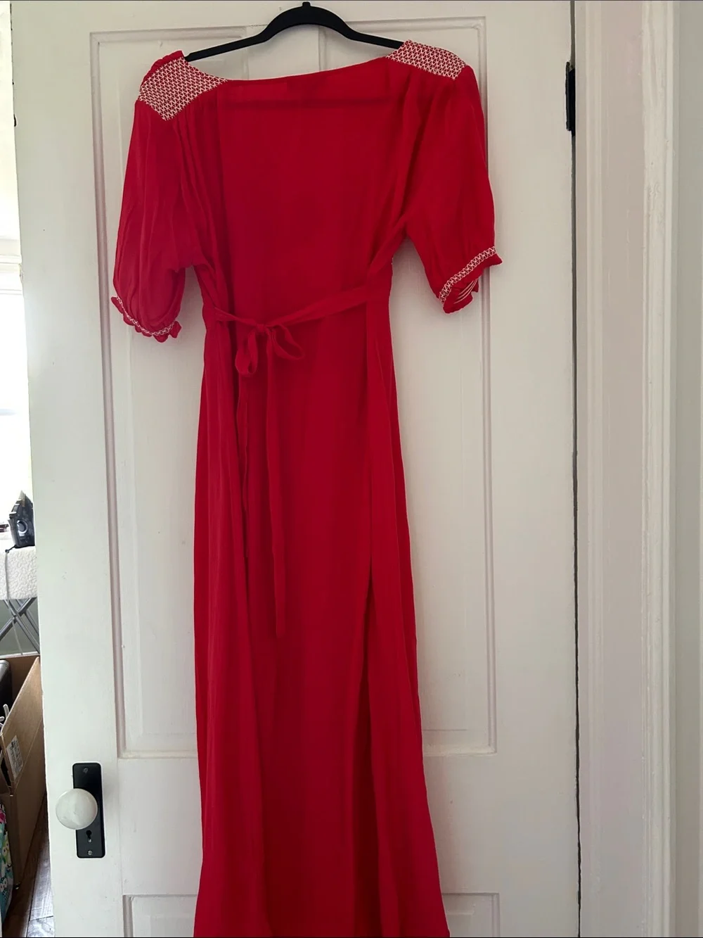 J. Crew Crimson Red V-Neck Maxi Dress with Embroidered Trim